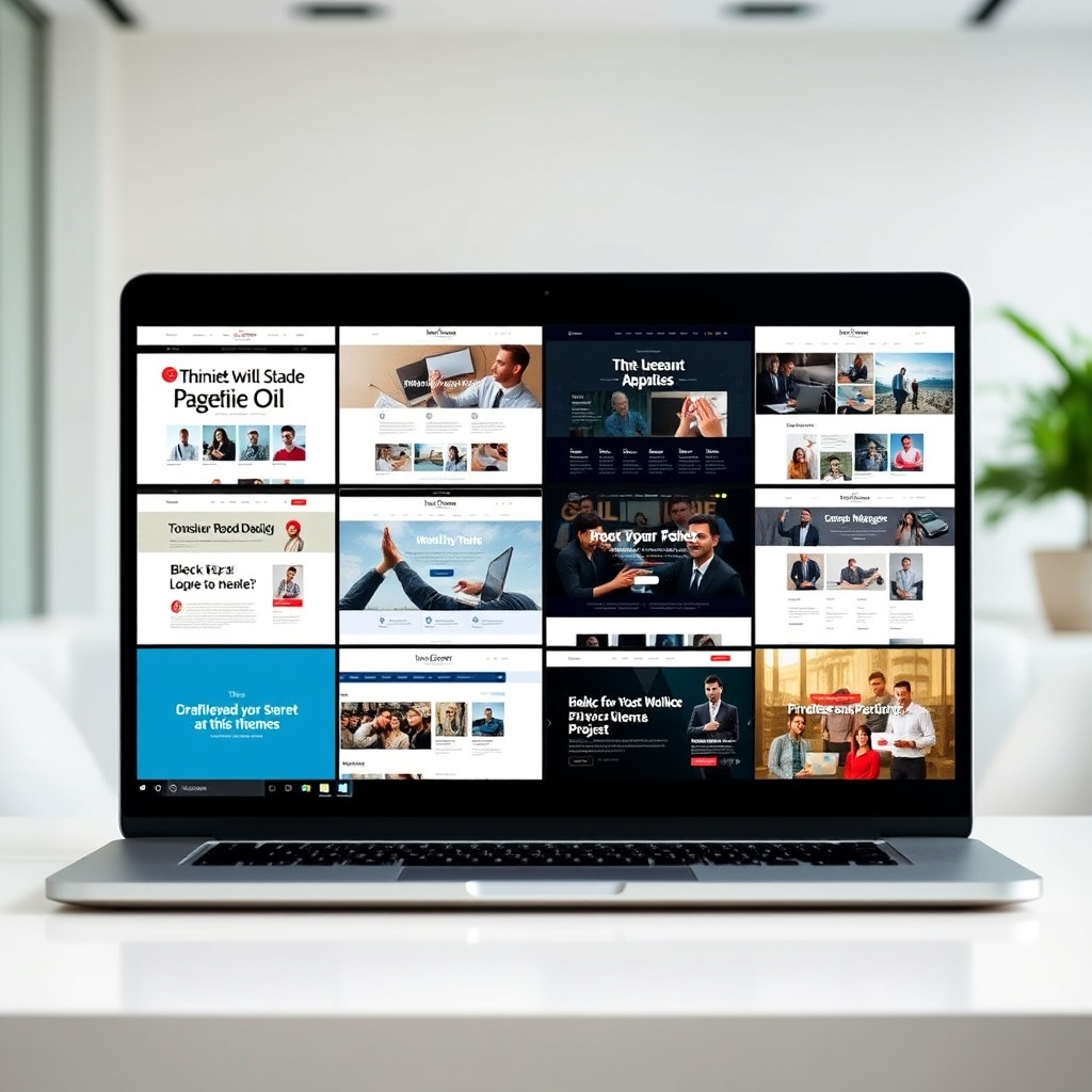 A professional stock photo showcasing a variety of premium WordPress themes displayed on a modern laptop screen, with a clean, minimalist office background.