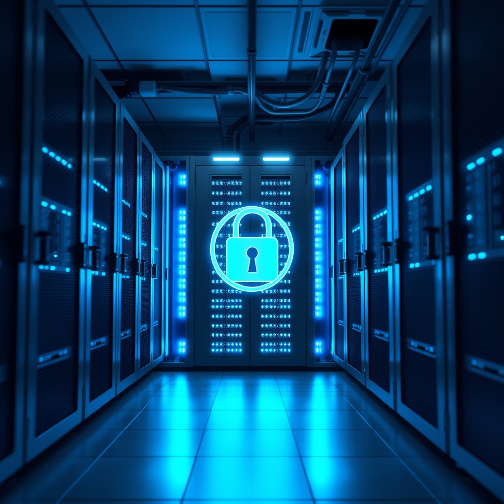 A high-quality stock image of a secure, locked server room with glowing blue lights, symbolizing WordPress site security and maintenance costs.