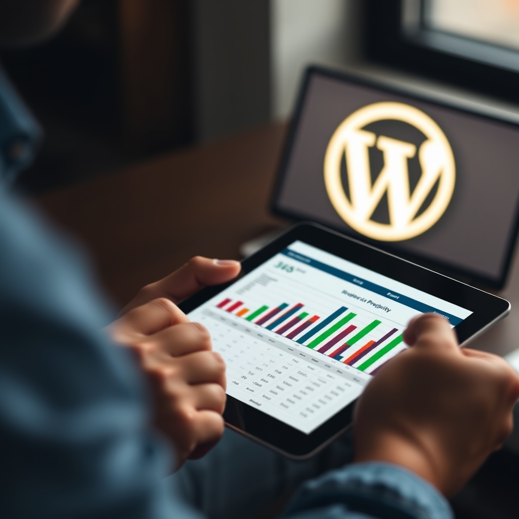 An engaging stock photo of a person analyzing a budget spreadsheet on a tablet, with a WordPress logo subtly displayed in the background, representing cost optimization.