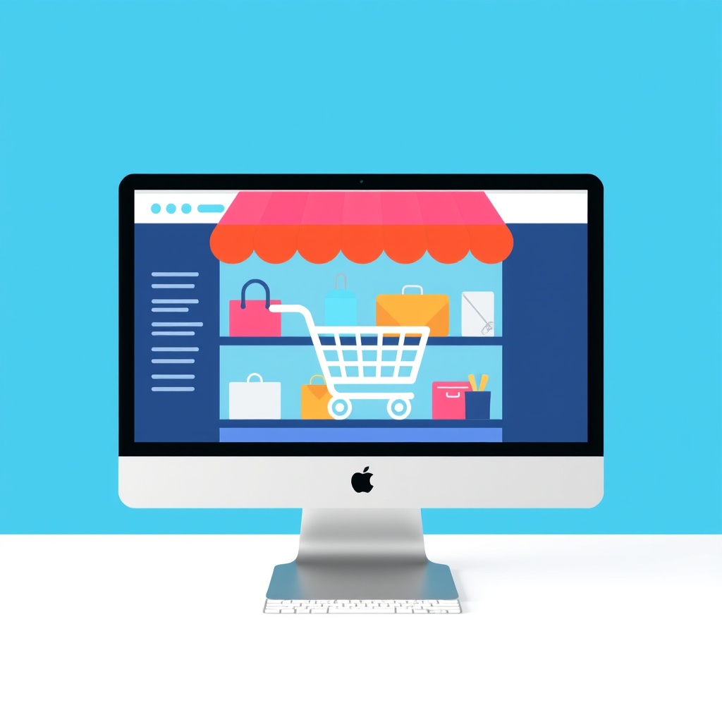 A vibrant online storefront on a computer screen, showcasing products with a shopping cart icon, representing the e-commerce capabilities of WordPress with WooCommerce.