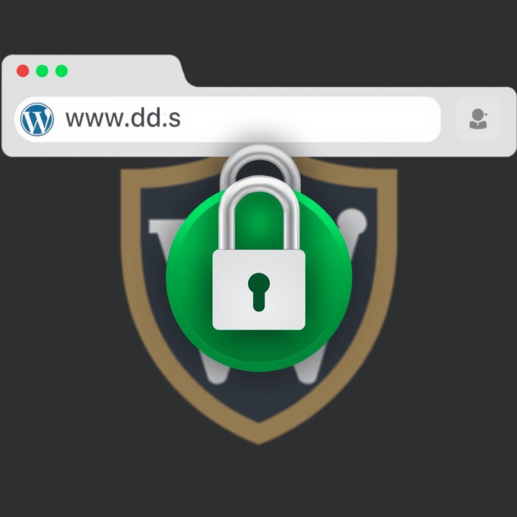 A secure padlock icon over a website URL in a browser, with a shield symbol in the background, illustrating WordPress website security measures and best practices.