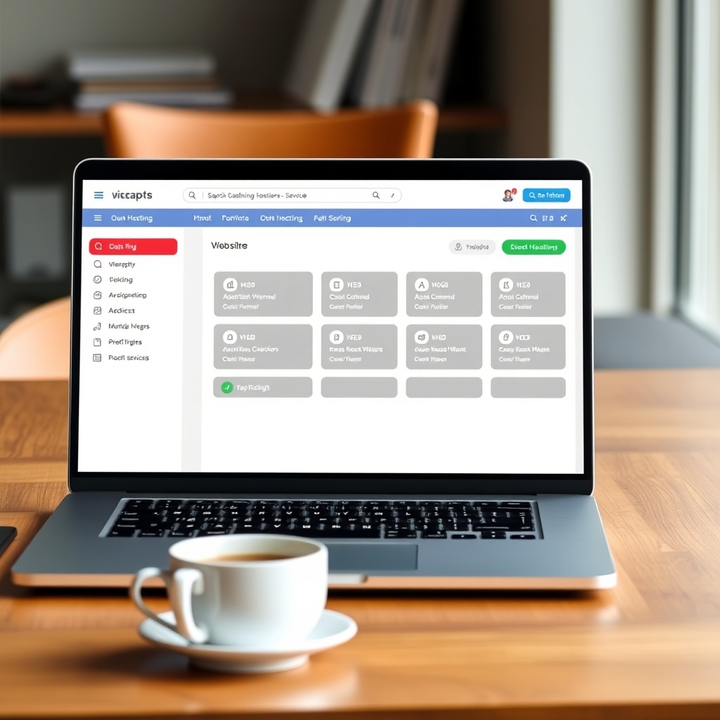A sleek, modern laptop displaying a website dashboard with hosting options, set on a wooden desk with a coffee cup nearby, symbolizing the selection of a web hosting service.