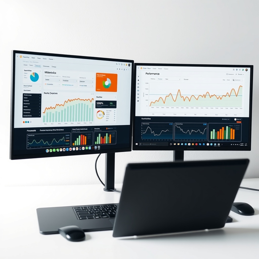 A professional workspace with dual monitors displaying website analytics and performance graphs, emphasizing the importance of analyzing website performance.