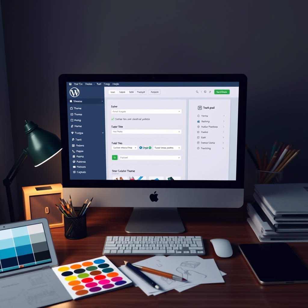 A professional workspace with a computer screen displaying WordPress theme customization options, surrounded by design tools like a color palette and sketches, symbolizing the selection and customization of the perfect theme.