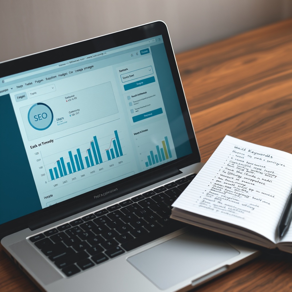 A laptop screen showing a WordPress SEO plugin interface with graphs and analytics, alongside a notebook with keywords and strategies, representing SEO optimization efforts.