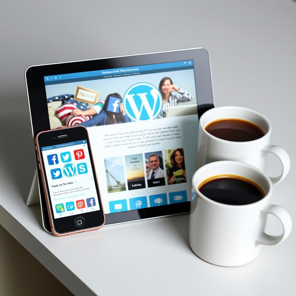 A smartphone and tablet displaying a WordPress website with social media icons prominently featured, alongside a coffee cup, illustrating social media integration and mobile responsiveness.
