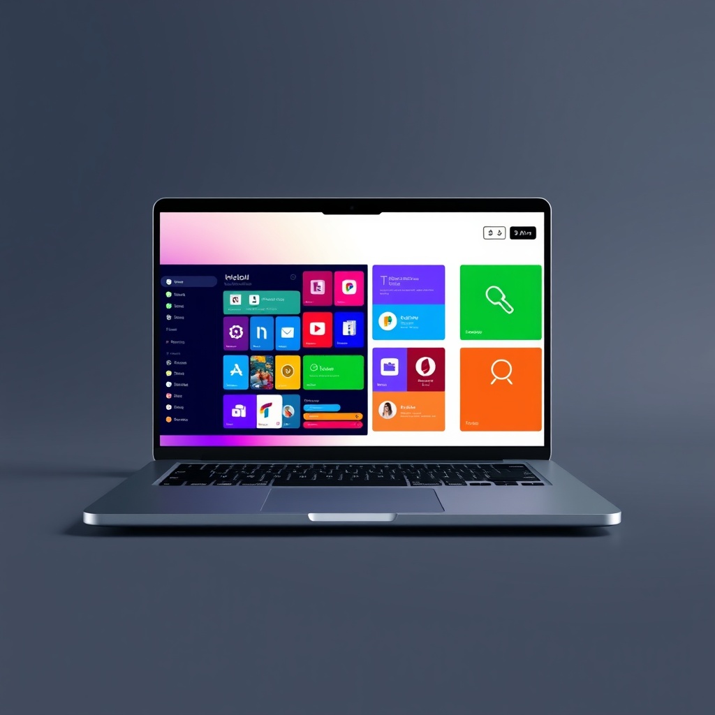 A sleek, modern laptop displaying a vibrant user interface design with colorful icons and a clean layout, symbolizing the essentials of UI design.