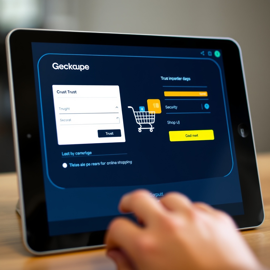 A secure, high-tech e-commerce checkout page on a tablet with a credit card and shopping cart icon, highlighting trust and security in online shopping.