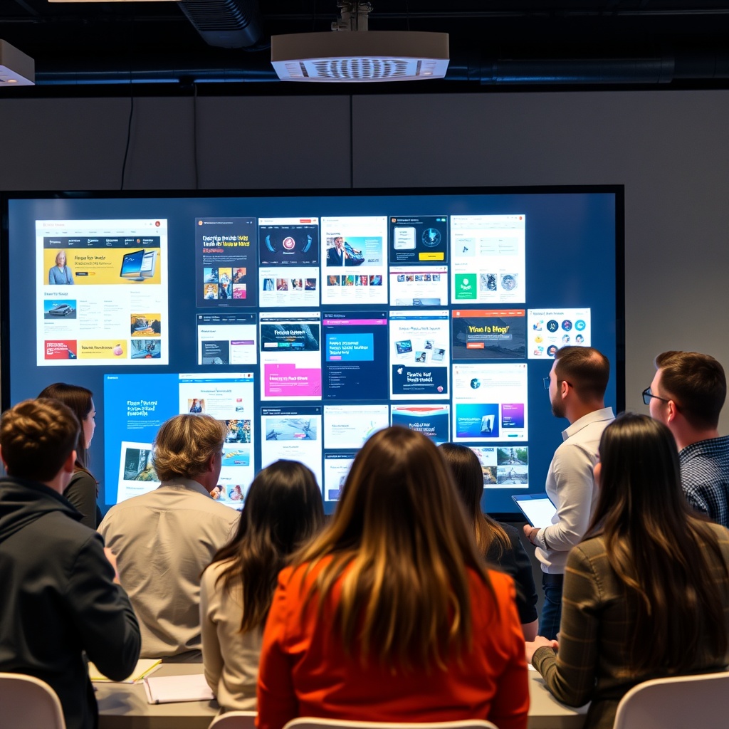 A diverse group of professionals collaborating around a digital screen showcasing various website designs, representing the tools and resources for designers.