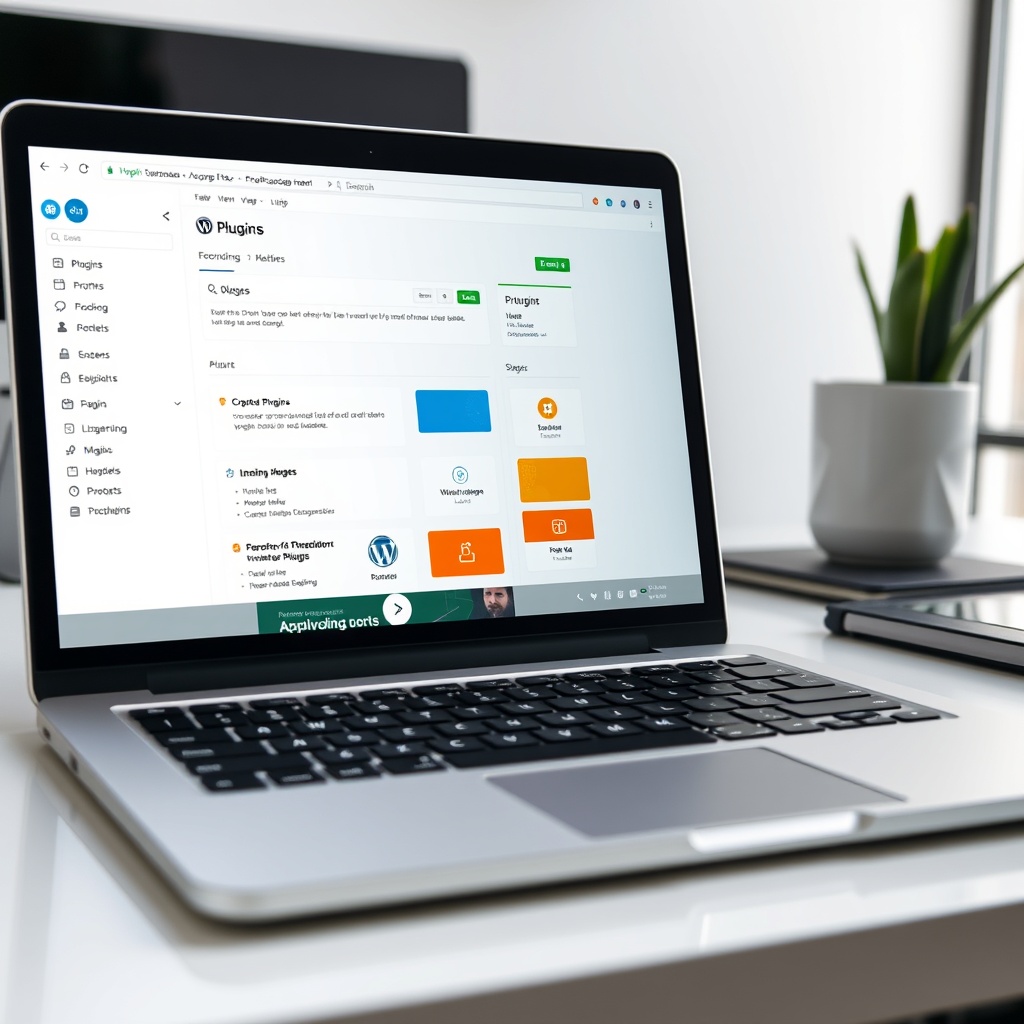A modern laptop displaying a WordPress dashboard with plugins menu open, surrounded by icons representing different plugins, on a clean, well-lit desk.