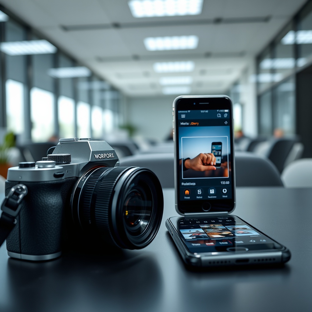A close-up of a camera and a smartphone on a table, with their screens showing a WordPress media library and an image being uploaded, in a bright, professional office setting.