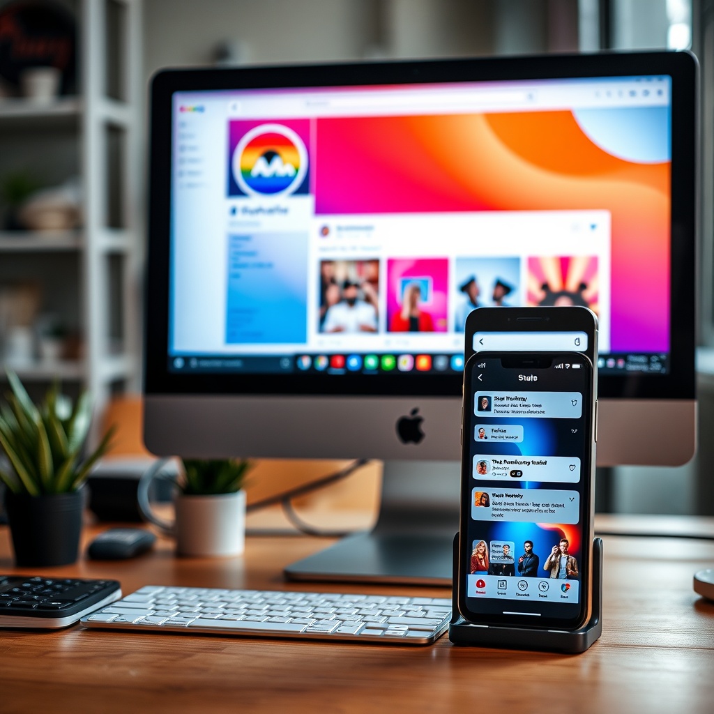 A vibrant social media interface on a computer screen with share buttons highlighted, alongside a smartphone showing social notifications, in a contemporary workspace.