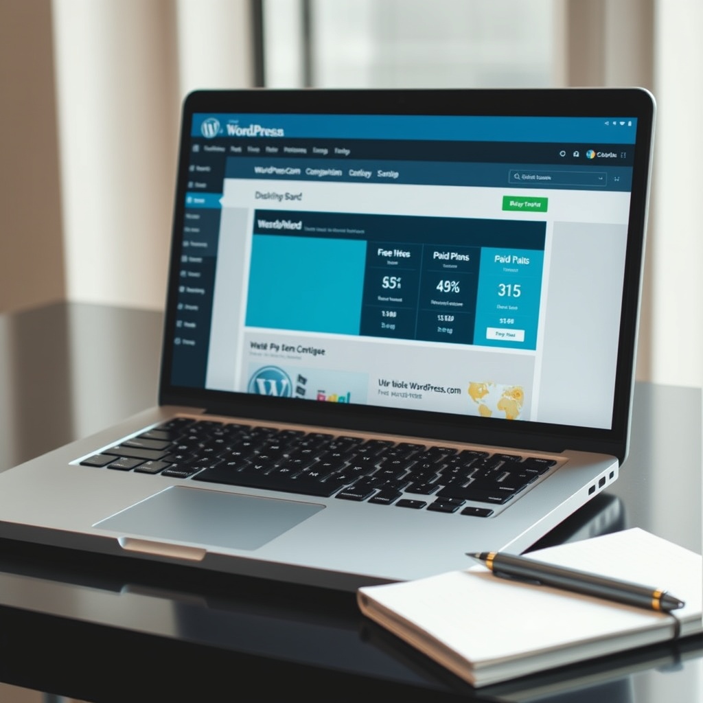 A professional stock photo of a laptop displaying the WordPress.com dashboard with a comparison chart of free vs paid plans visible on the screen, set on a modern desk with a notebook and pen beside it.