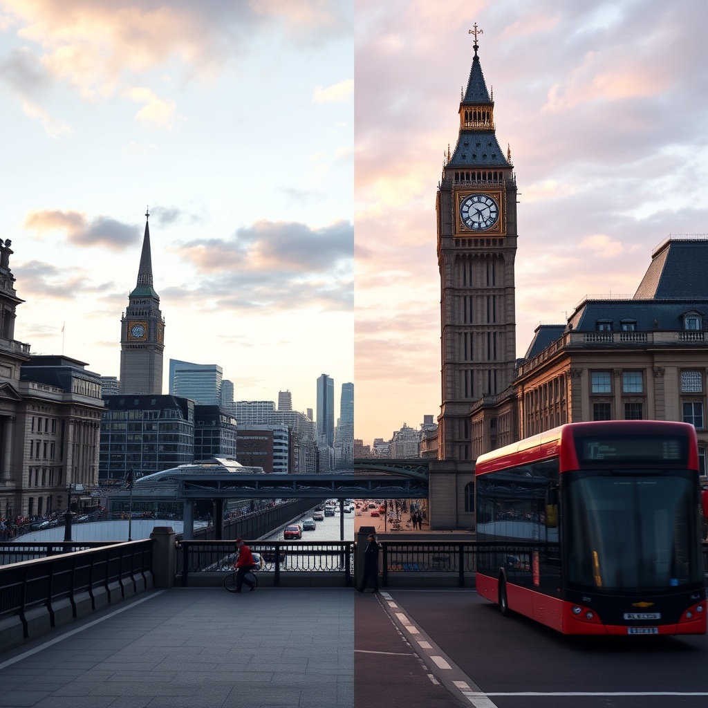 A professional stock photo showing a comparison of web design costs between London and other UK cities, with a focus on urban landscapes and digital interfaces.