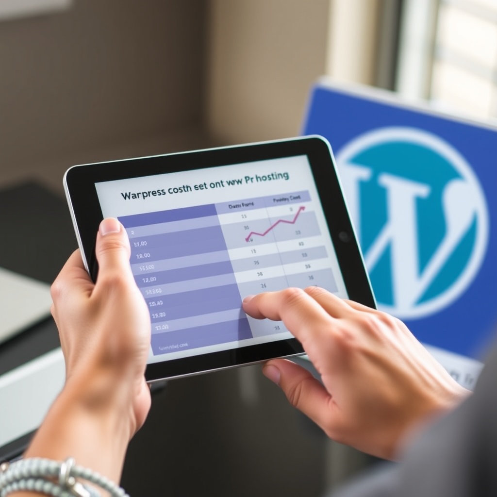 A high-quality stock image showing a person analyzing a cost comparison chart on a tablet, with a WordPress logo in the background, symbolizing the decision-making process between self-hosting and WordPress.com.