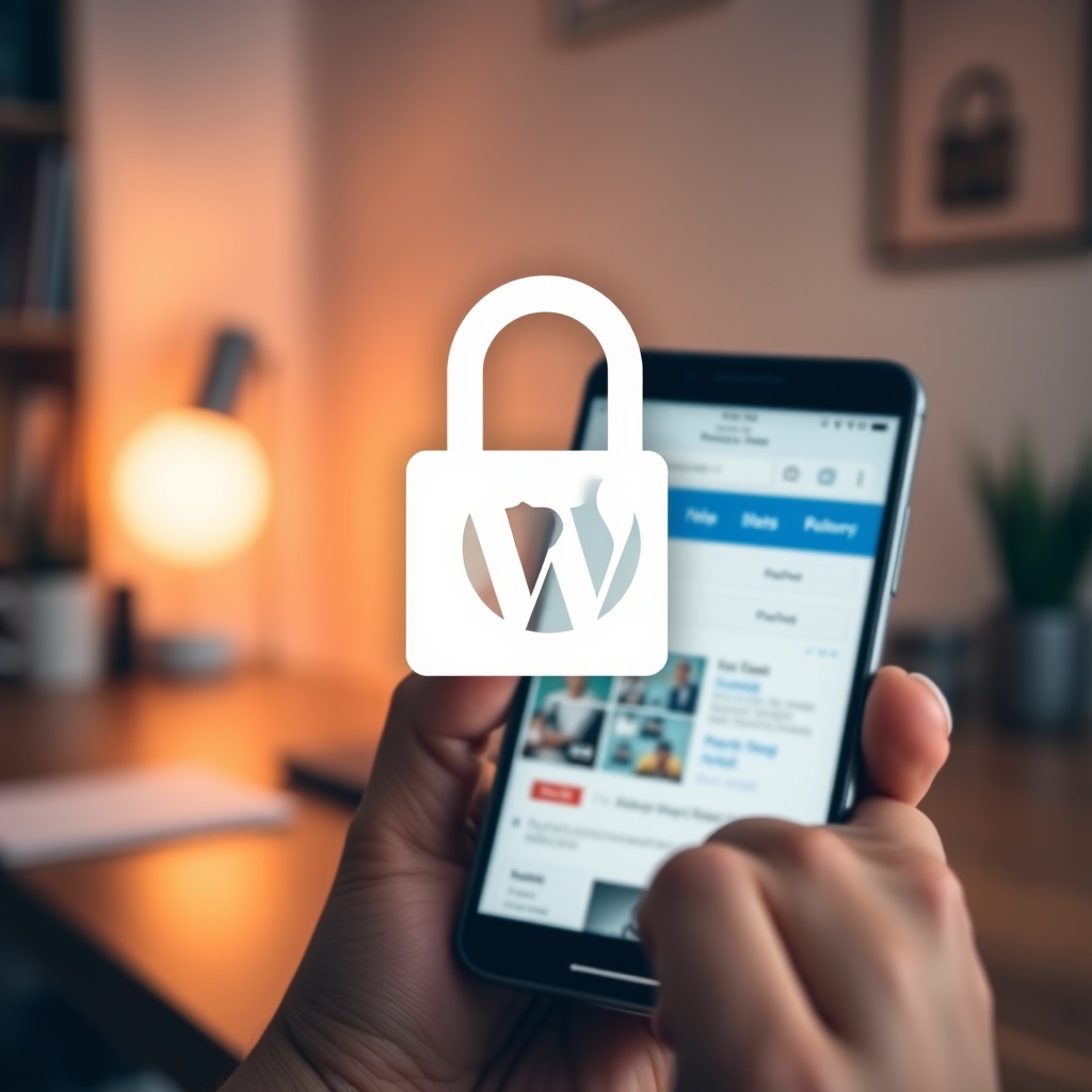 A professional stock photo depicting a secure lock icon overlaid on a WordPress website displayed on a smartphone, with a blurred background of a home office setup, emphasizing security for free WordPress sites.