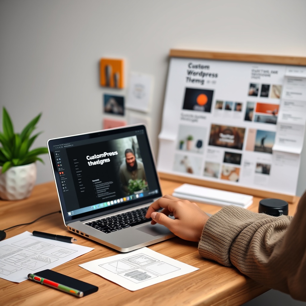 A professional designer working on a custom WordPress theme on a laptop, with a mood board and sketches nearby, showcasing the creative process of custom design.