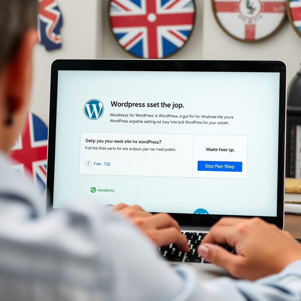 A person setting up a WordPress site on a laptop with a 'Free Plan' option highlighted on the screen, surrounded by UK-themed decor.