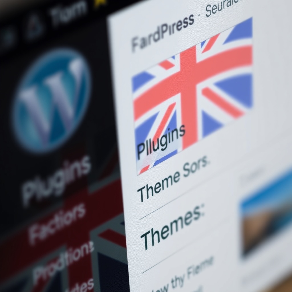 A close-up of a WordPress dashboard showing plugin and theme selection, with a UK flag subtly incorporated in the background.