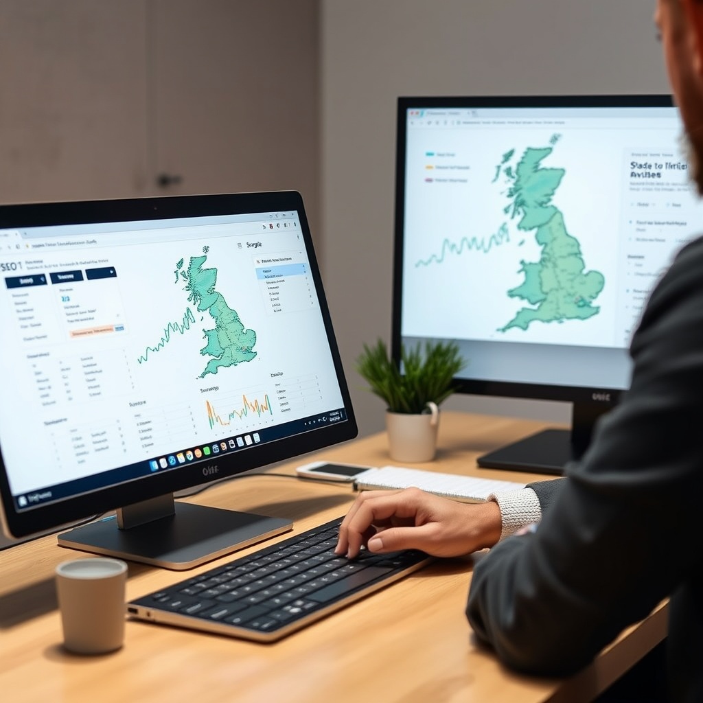 A professional working on SEO optimization for a WordPress site, with a UK map and analytics data visible on the screen.