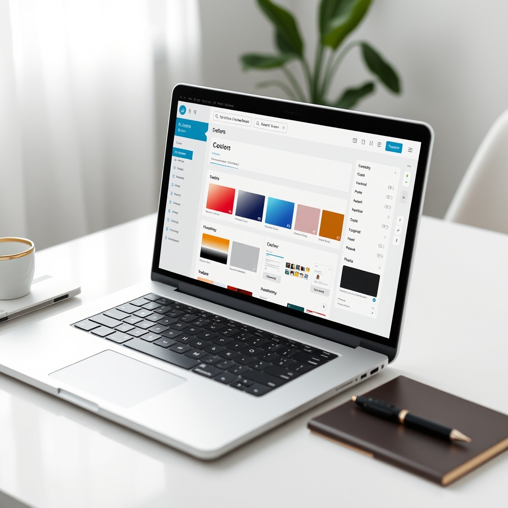 A modern laptop displaying a WordPress dashboard with a theme customization panel open, showcasing various color and layout options, set on a clean, minimalist desk with a notebook and pen nearby.