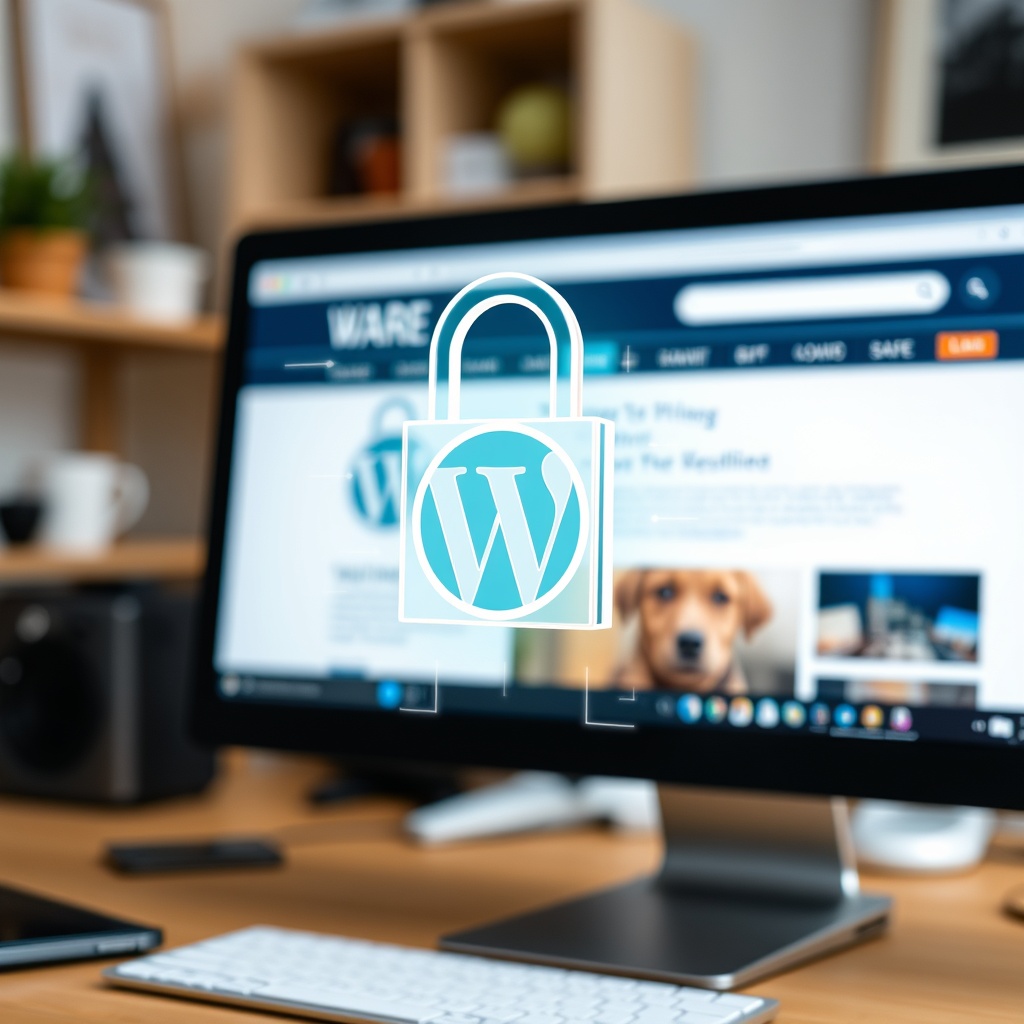 A secure, locked digital padlock icon hovering over a WordPress website on a computer screen, symbolizing website security, with a blurred background of a home office setup.