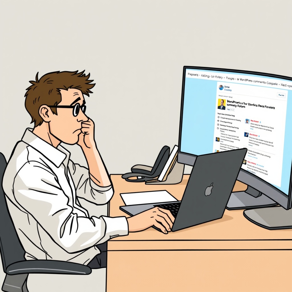 A frustrated yet determined person at a desk, troubleshooting a WordPress error on their laptop, with a supportive WordPress community forum visible on a second monitor.