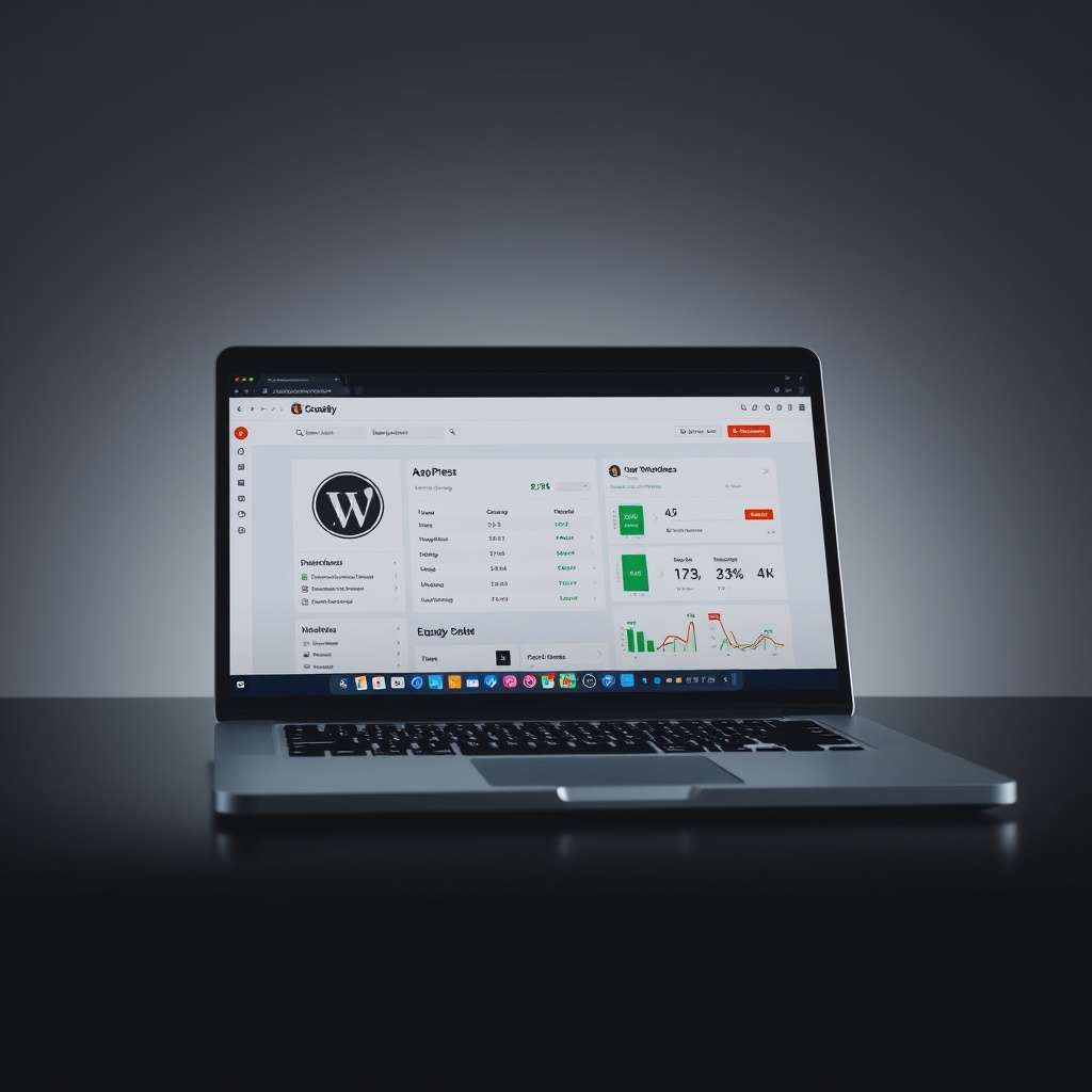 A professional stock photo featuring a sleek laptop displaying a WordPress dashboard on a GoDaddy hosting interface, symbolizing ease of use and management.