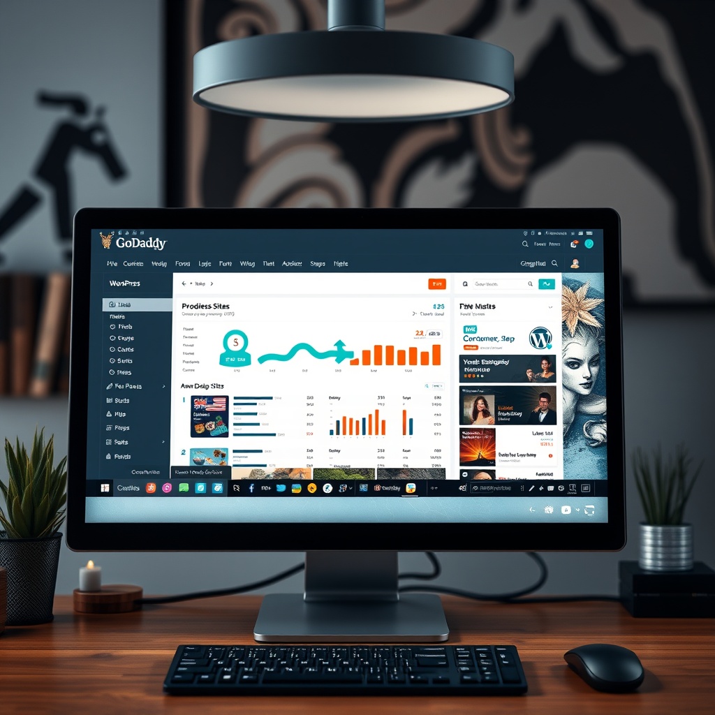 A high-quality image of a bustling e-commerce website dashboard on a computer screen, highlighting successful WordPress sites hosted on GoDaddy.
