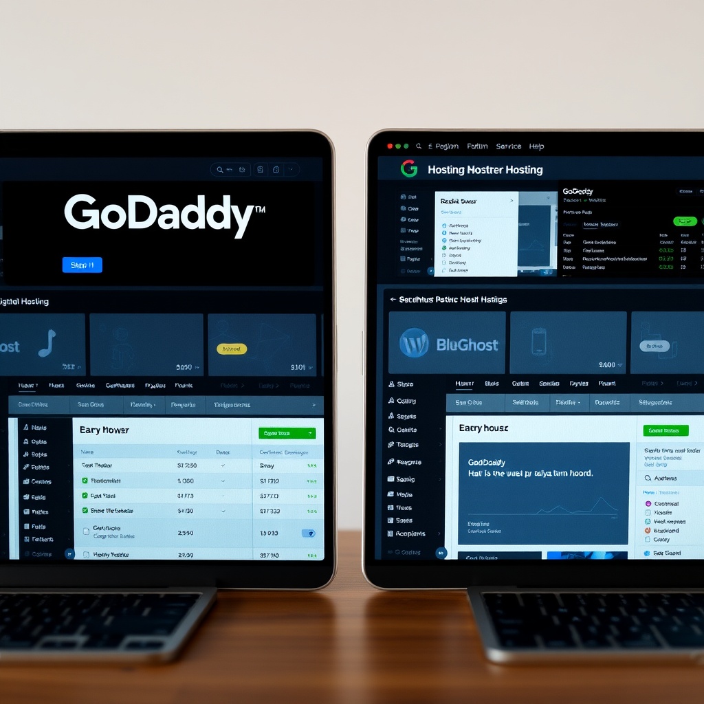 A professional stock photo showing a side-by-side comparison of hosting service dashboards, emphasizing the differences between GoDaddy and other providers like Bluehost and SiteGround.