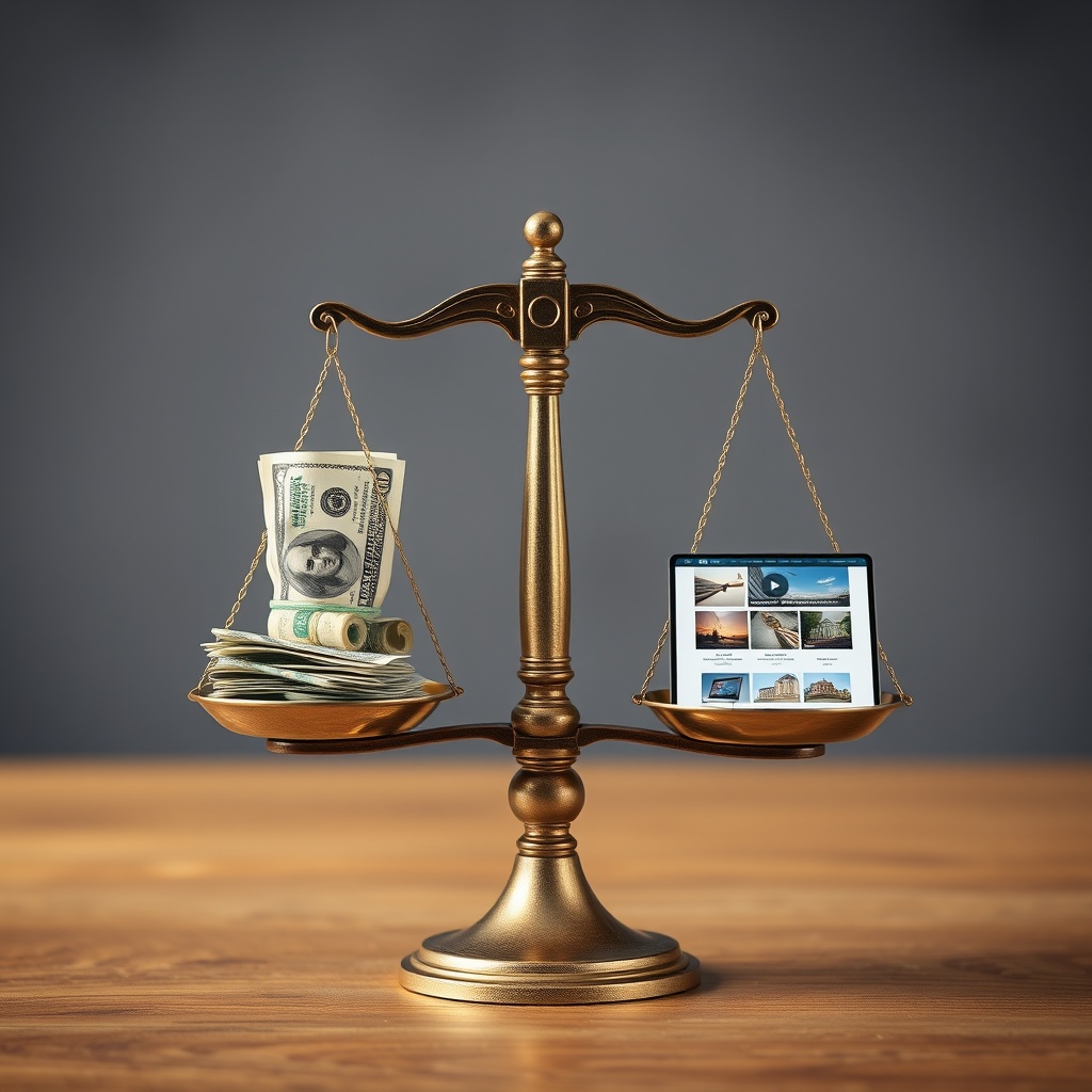 A professional stock photo illustrating the balance between cost and quality in web design, featuring a scale with money on one side and a high-end website design on the other.
