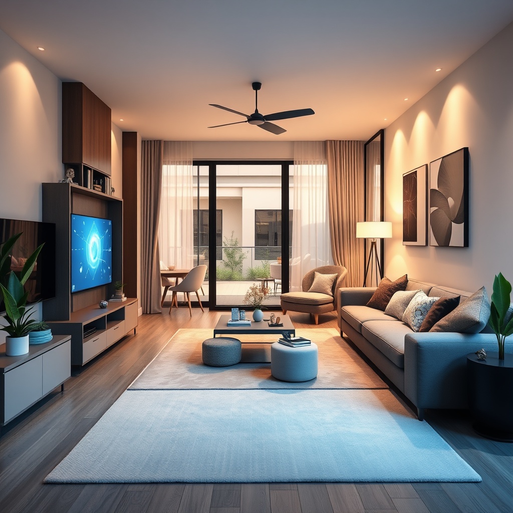 A modern smart home with AI-powered devices seamlessly integrated into daily life, showcasing automation and convenience without any visible text.