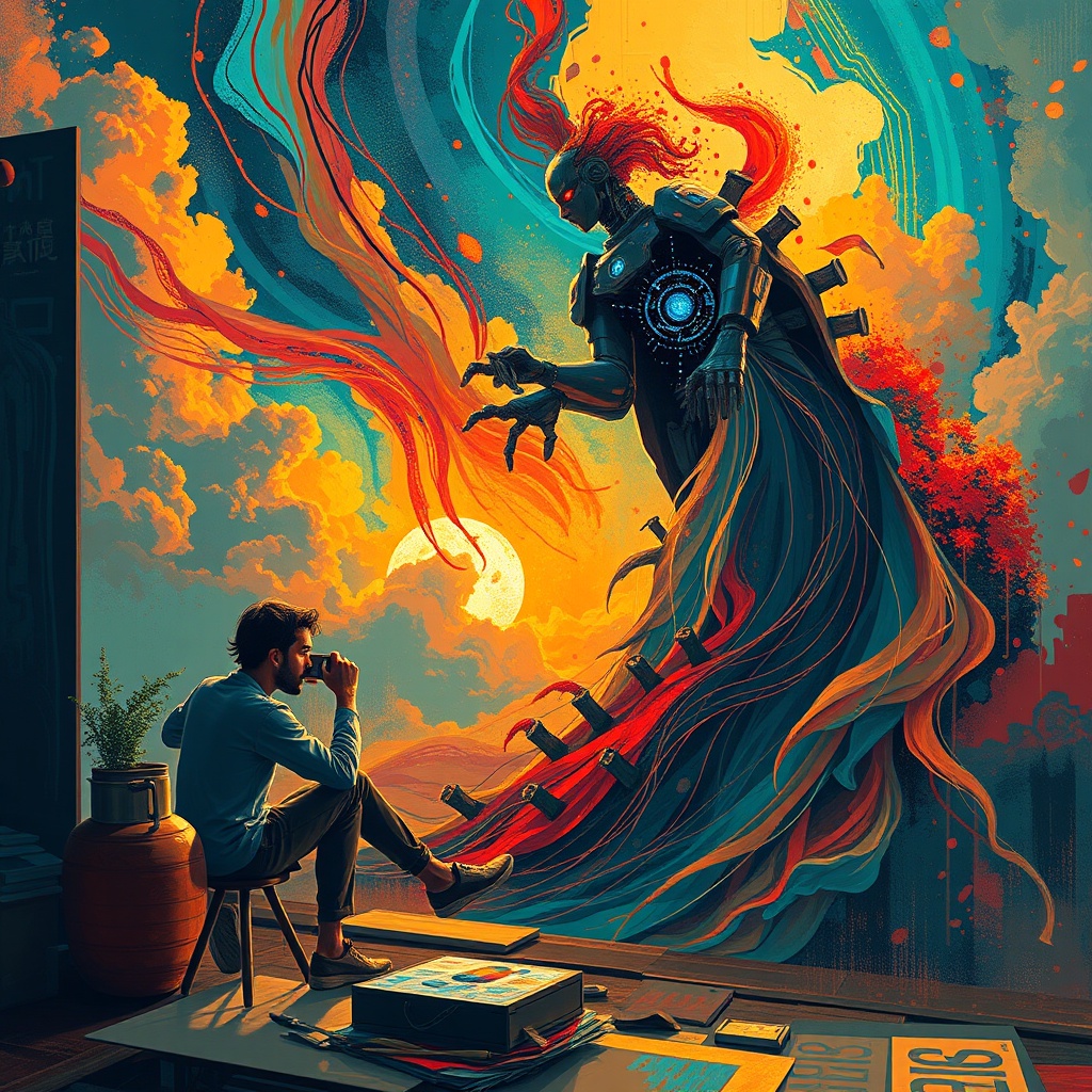 An artist and AI collaborating on a digital canvas, blending human creativity with artificial intelligence in a visually striking scene, no text included.