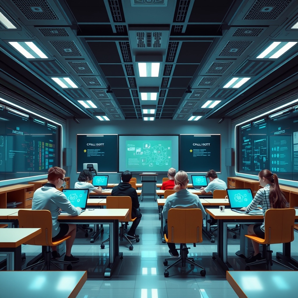 A futuristic classroom where AI tutors personalize learning for students, highlighting innovation in education through technology, devoid of any text.