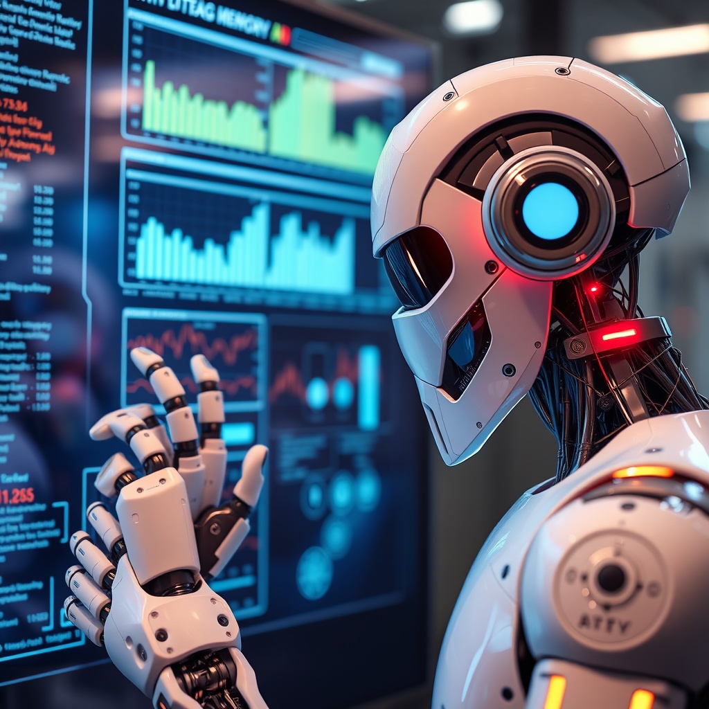 A futuristic robot analyzing data on a digital screen, symbolizing Limited Memory AI in action within a high-tech environment.