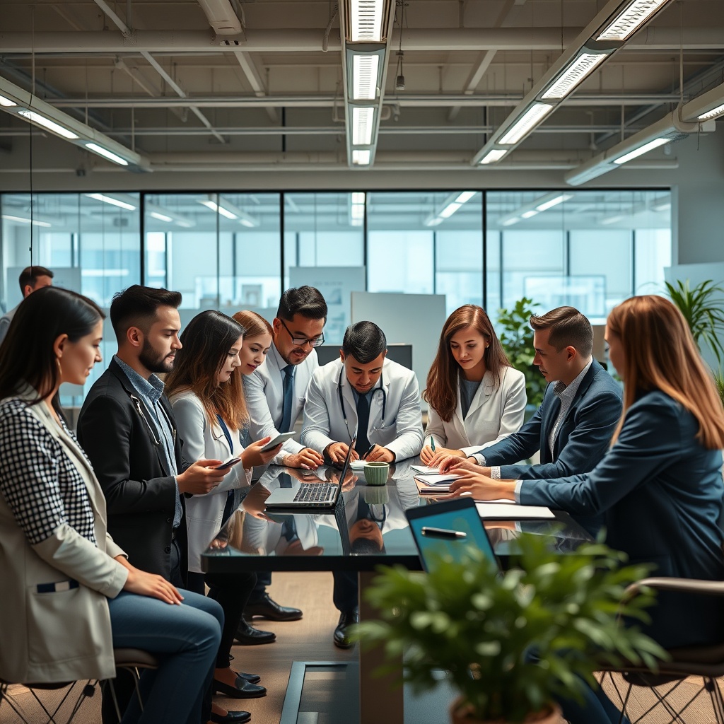 A diverse group of professionals in healthcare, automotive, and finance industries collaborating with AI technology in a modern office setting.
