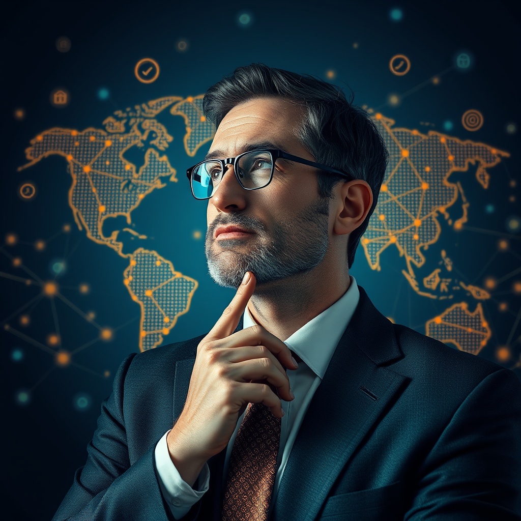 A thoughtful business leader contemplating ethical AI use, with a backdrop of digital ethics symbols and a global network visualization.