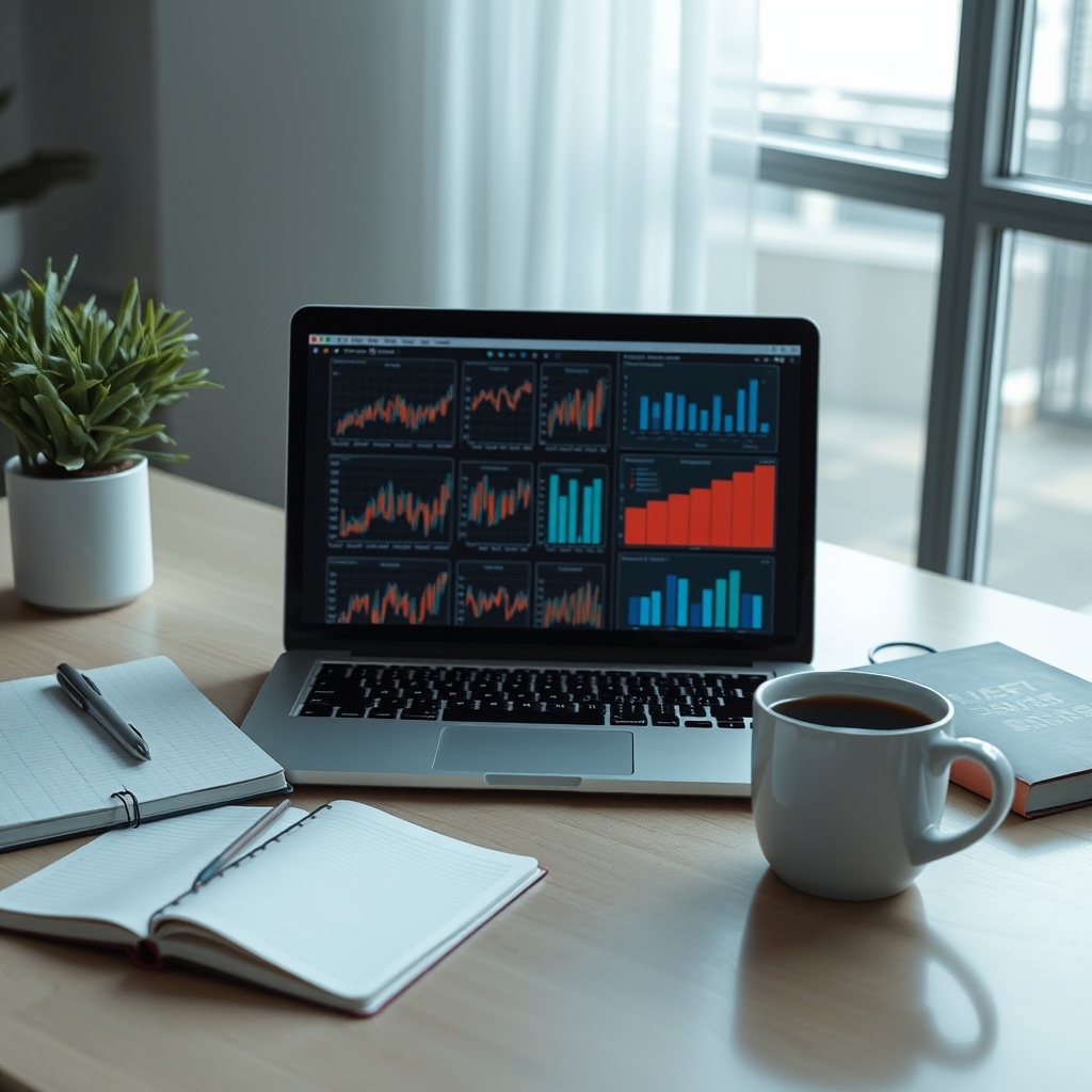 A professional workspace setup with a laptop displaying data analysis graphs, surrounded by notebooks and a coffee cup, symbolizing the process of overcoming challenges in learning AI.