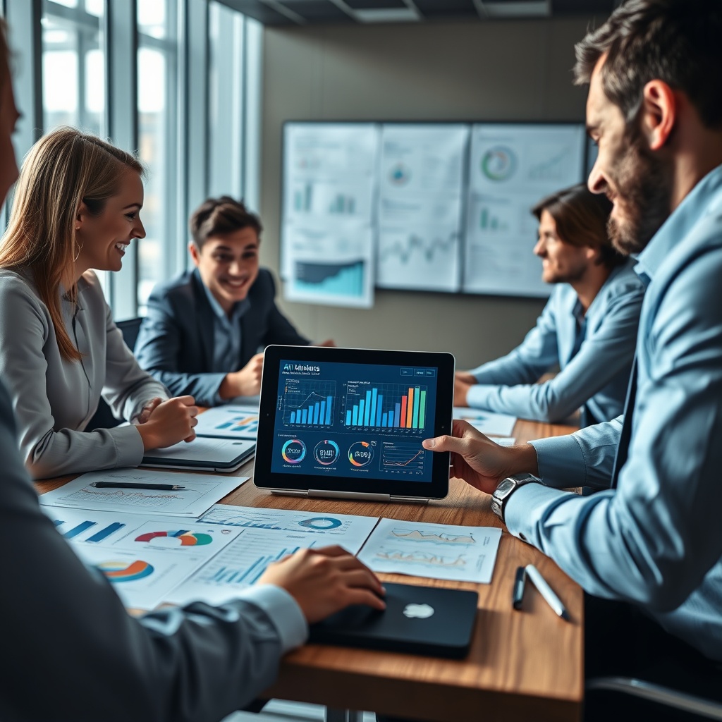 A dynamic business meeting scene with professionals discussing over a table filled with charts and a tablet showing AI analytics, highlighting AI in business applications.