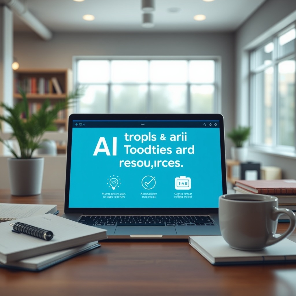 A modern workspace with a laptop displaying AI tools and resources, surrounded by notebooks and a cup of coffee, symbolising learning and exploration.