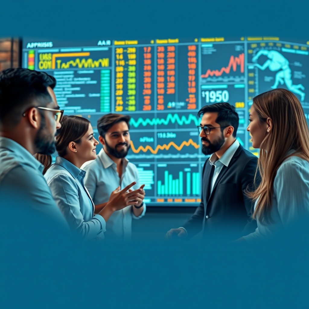 A diverse team of professionals analyzing data on a large screen with AI-generated insights, representing troubleshooting and problem-solving in AI applications.