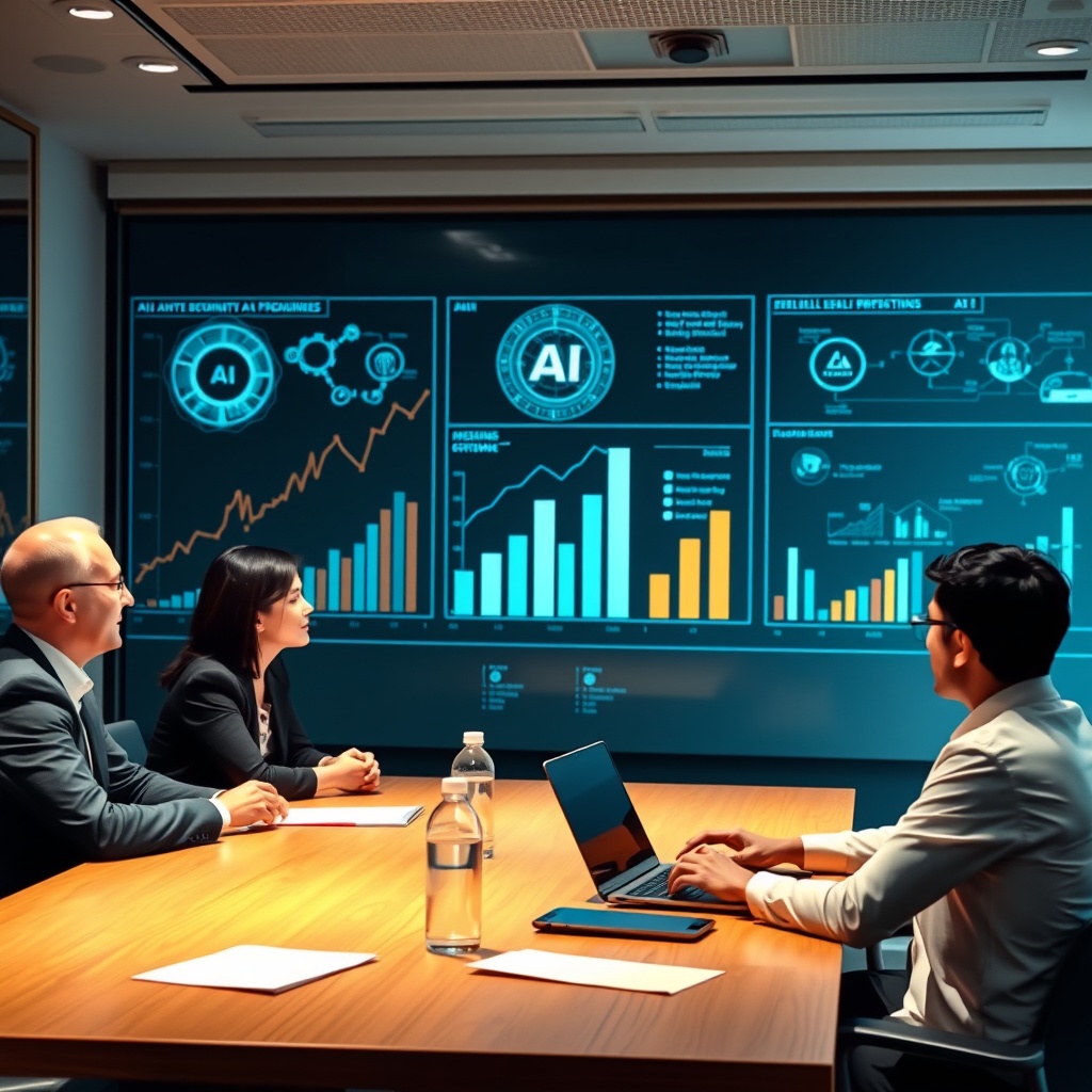 A business meeting with executives discussing AI integration strategies, with charts and graphs in the background, illustrating AI implementation in business processes.