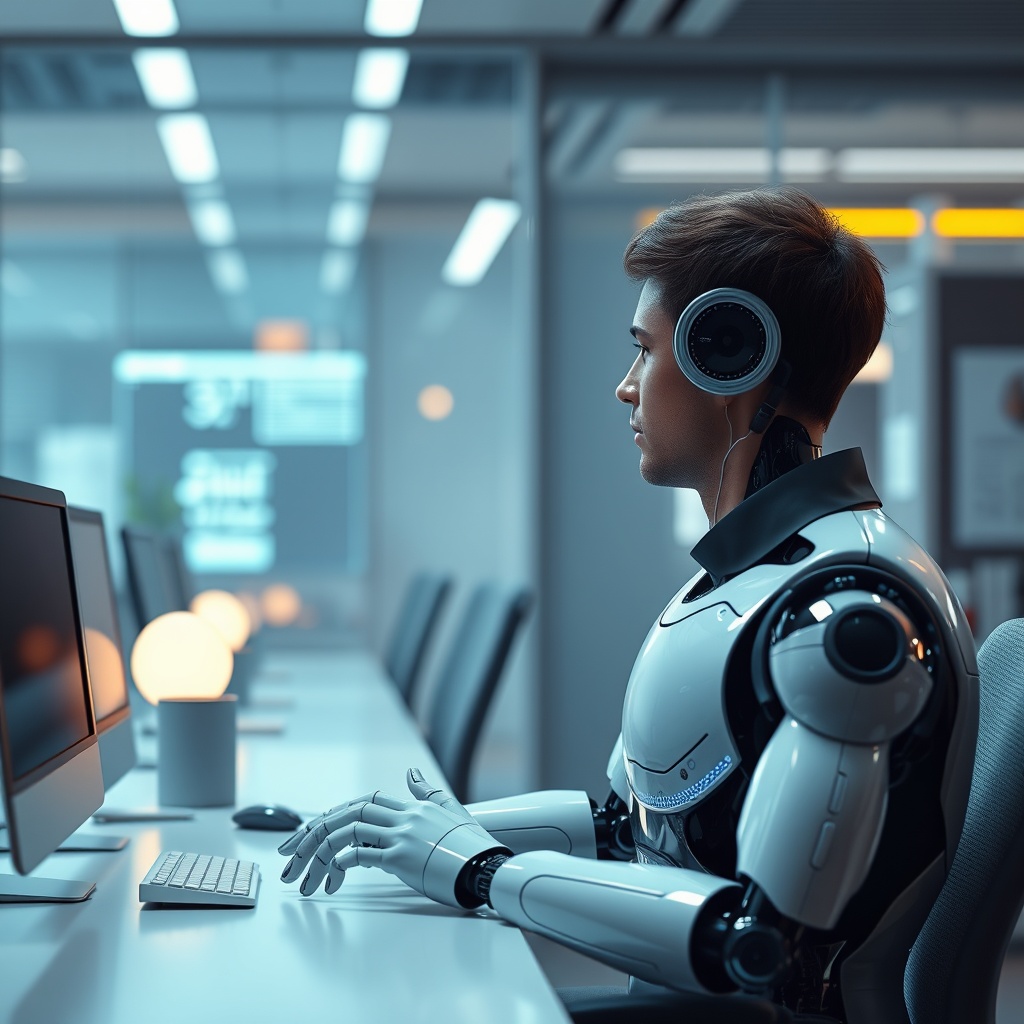 A futuristic office scene showing a robot interacting with a human, highlighting the emotional gap and lack of personal touch in AI communications.