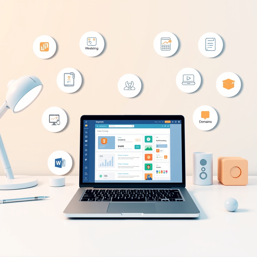 A modern workspace setup with a laptop displaying a website builder interface, surrounded by icons representing tools and resources like plugins, domains, and hosting options.