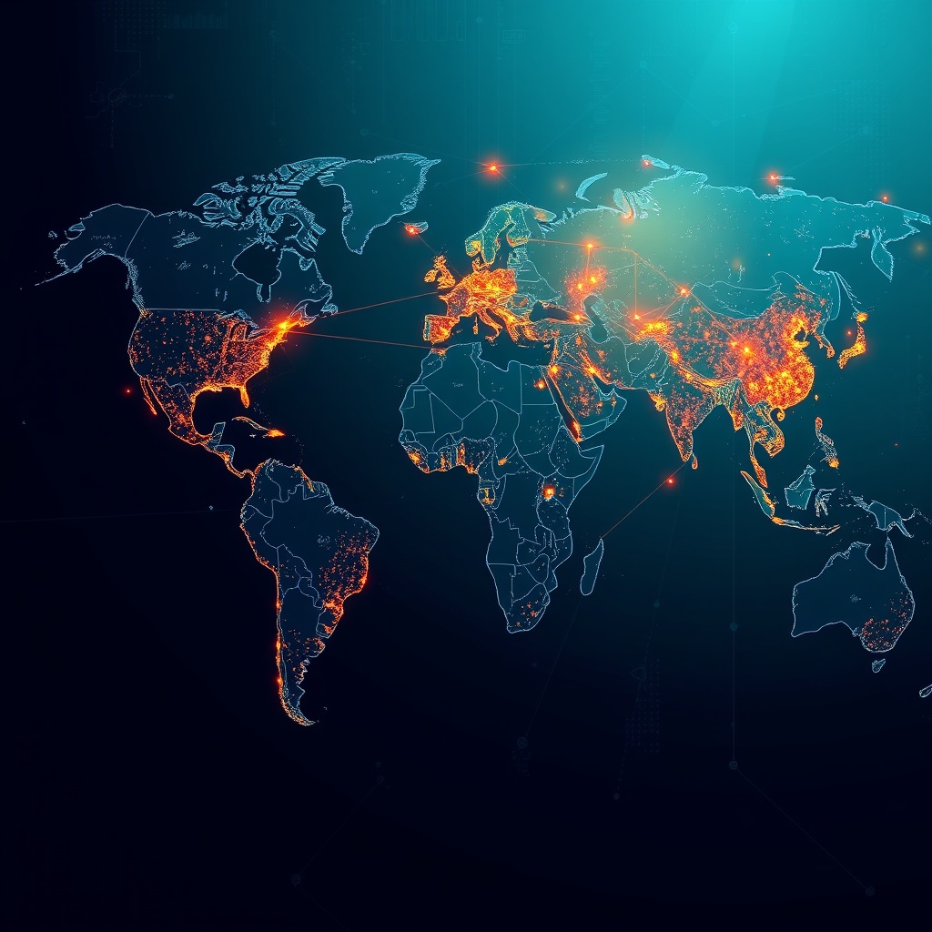 A global map with digital connections and barriers, illustrating the digital divide and inequality in access to AI technologies across different regions.