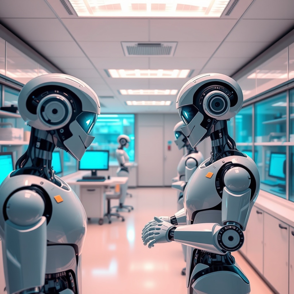 A high-tech medical lab with AI robots assisting in diagnostics, emphasizing the reliability and limitations of AI in healthcare settings.