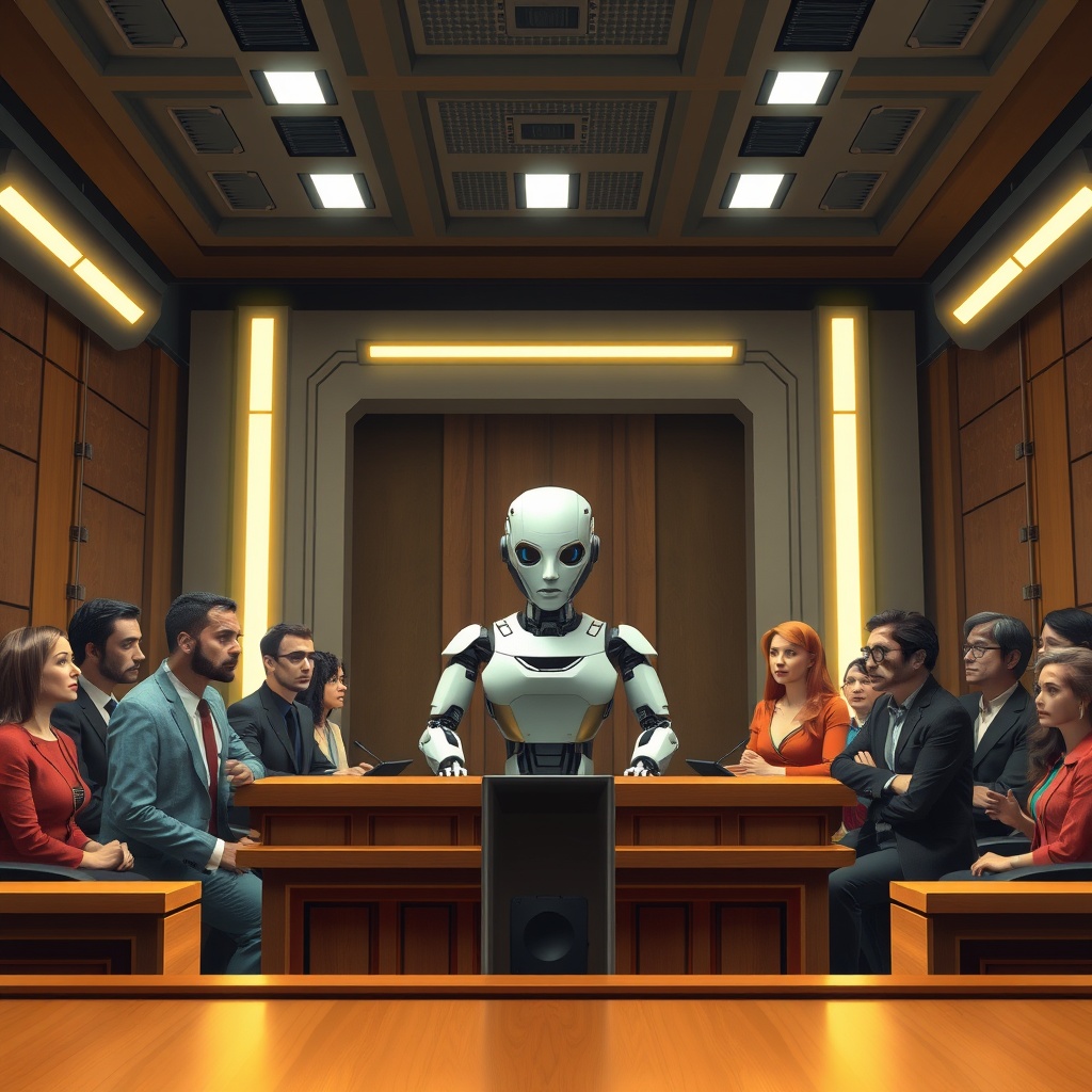A futuristic courtroom scene with a robot judge and diverse human jurors, symbolizing the ethical dilemmas and decision-making challenges posed by AI in society.