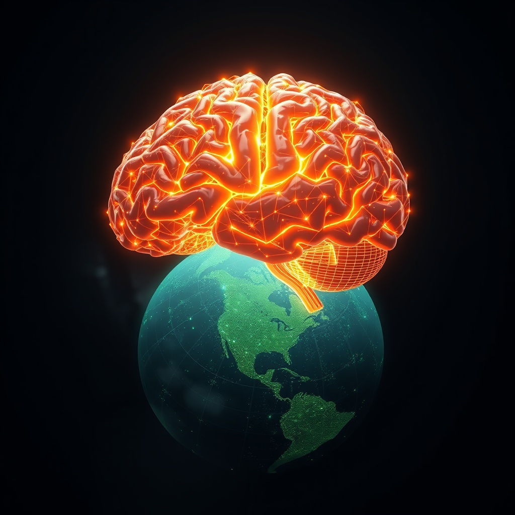 A glowing, intricate AI brain network floating above a globe, representing the potential and risks of superintelligent AI surpassing human control.