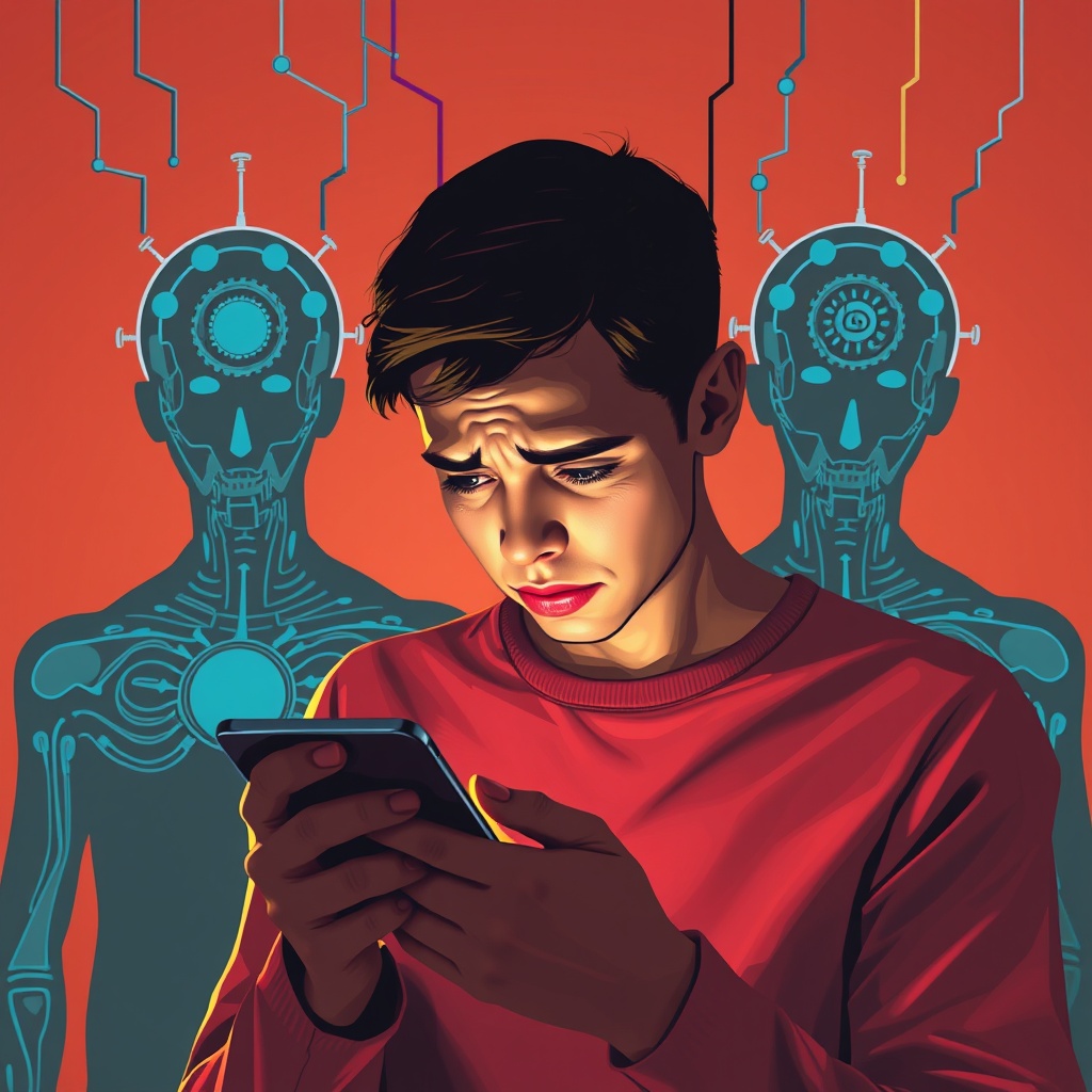 A person looking stressed while interacting with a smartphone, with shadowy AI figures looming in the background, illustrating the psychological effects of AI on human mental health.