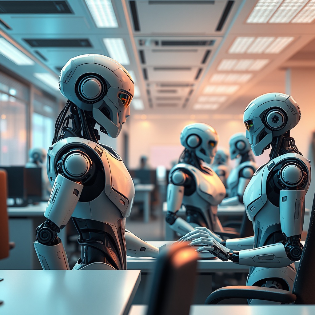 A futuristic office scene showing robots and humans working side by side, highlighting the theme of AI and job displacement.